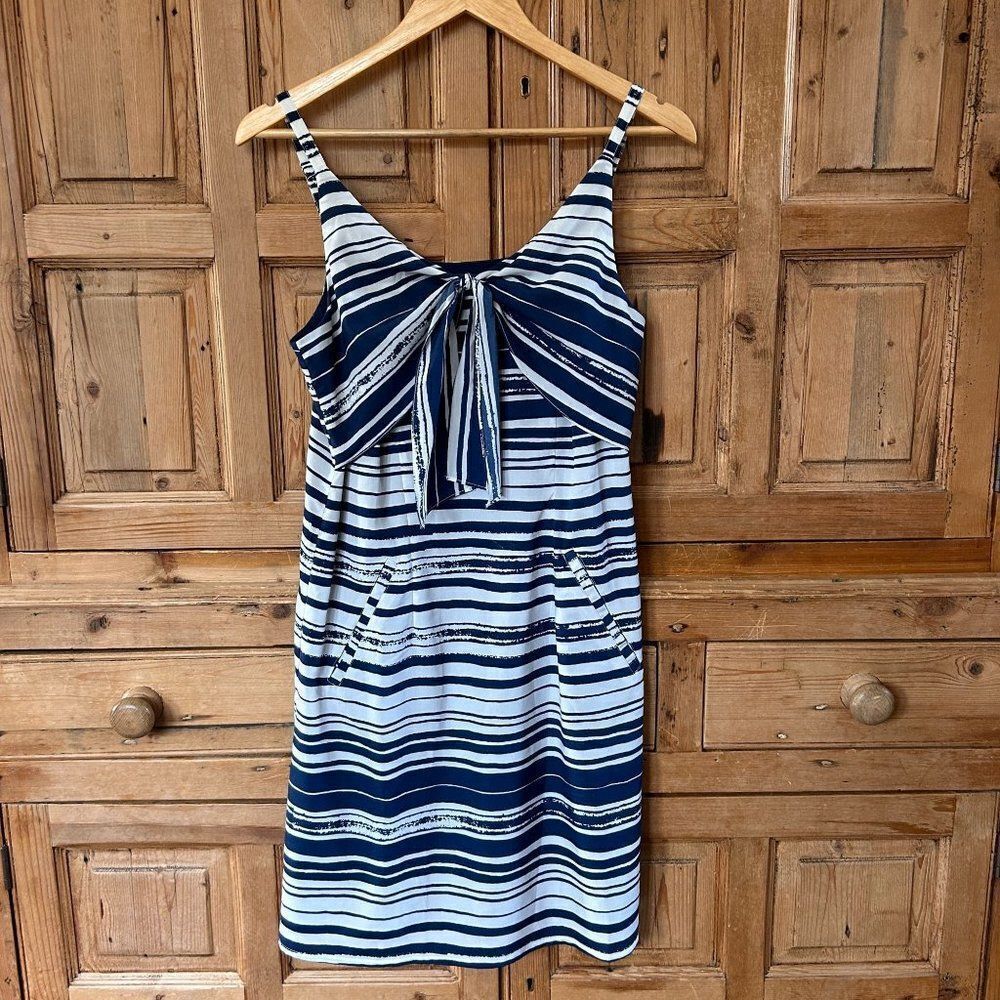 Cabi Small Sundress‎ Navy Blue White Strappy Tank Knee Length Lined Tie Chest